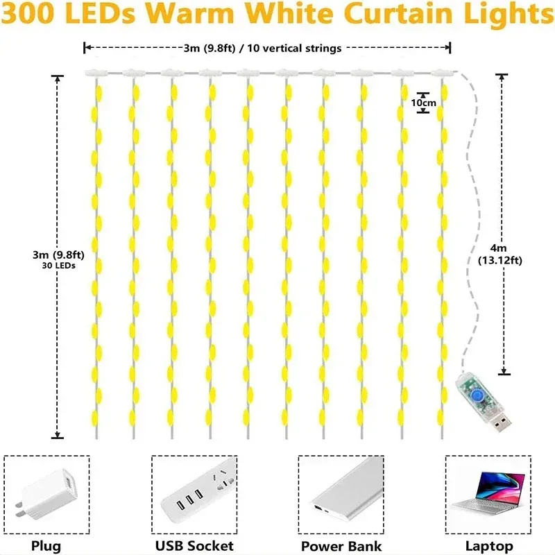 3M LED الستار سلسلة أضواء الجنية الديكور USB عطلة جارلاند مصباح 8 وضع للمنزل حديقة عيد الميلاد حفلة السنة الجديدة الزفاف #6