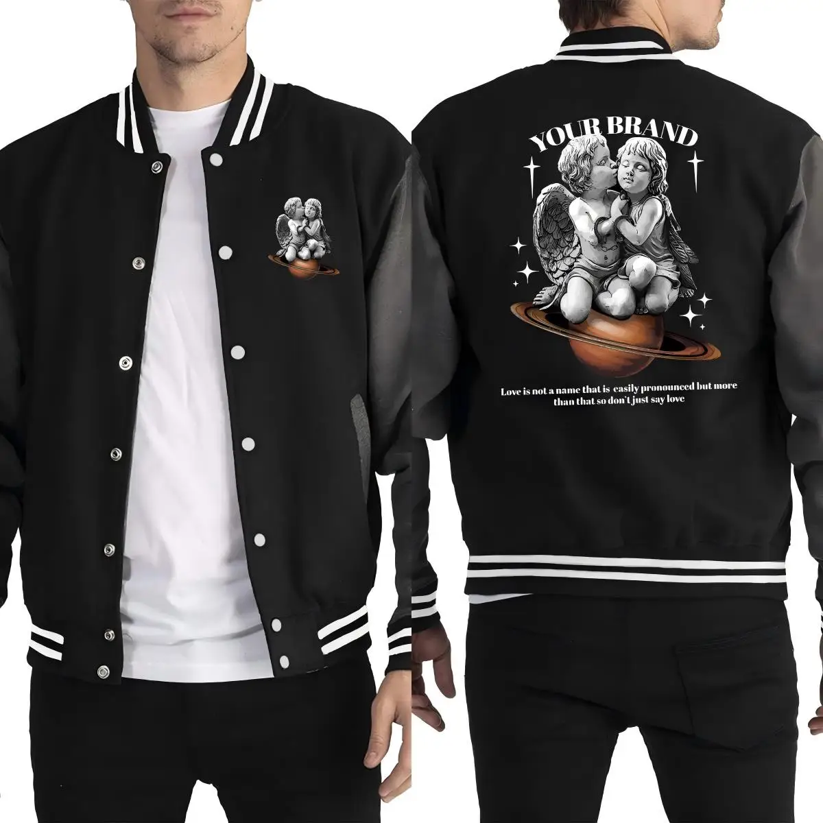 

A Caring Angel Boy Wearing Handcuffs Print Men Baseball Uniform Sport Loose Streetwear Soft Fleece Clothes Autumn Button Jacket