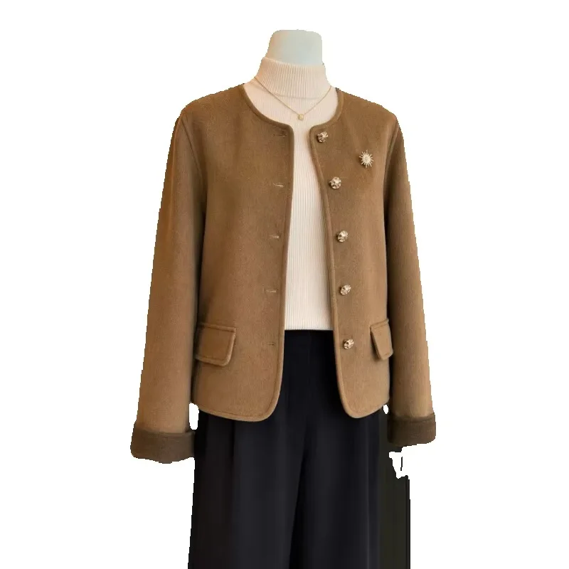 Autumn Winter Short Wool Coat Women 2026 New Fashion Loose Casual Jacket Pure Colour Button Round Collar Overcoat Female