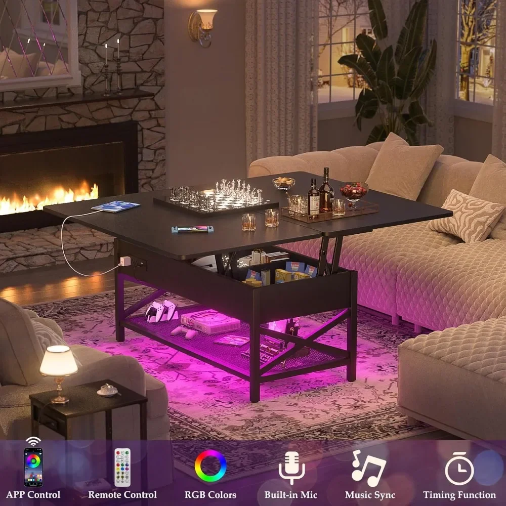 Coffee Table Lift Top Multi-Function Coffee Table Converts to Dining Table, with LED Light and Power Outlet, Center Table with