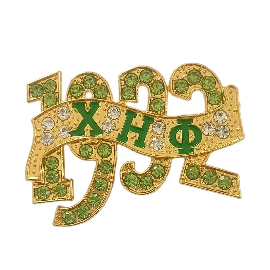 Chi Eta Phi Greek numeral inlaid rhinestone green white 1932 brooch