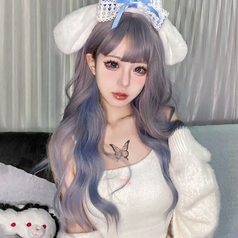 Synthetic Long Wavy Wig for Women Lolita Inspired Blue Full Head Natural Scalp Cosplay Party Daily Wear Fashion