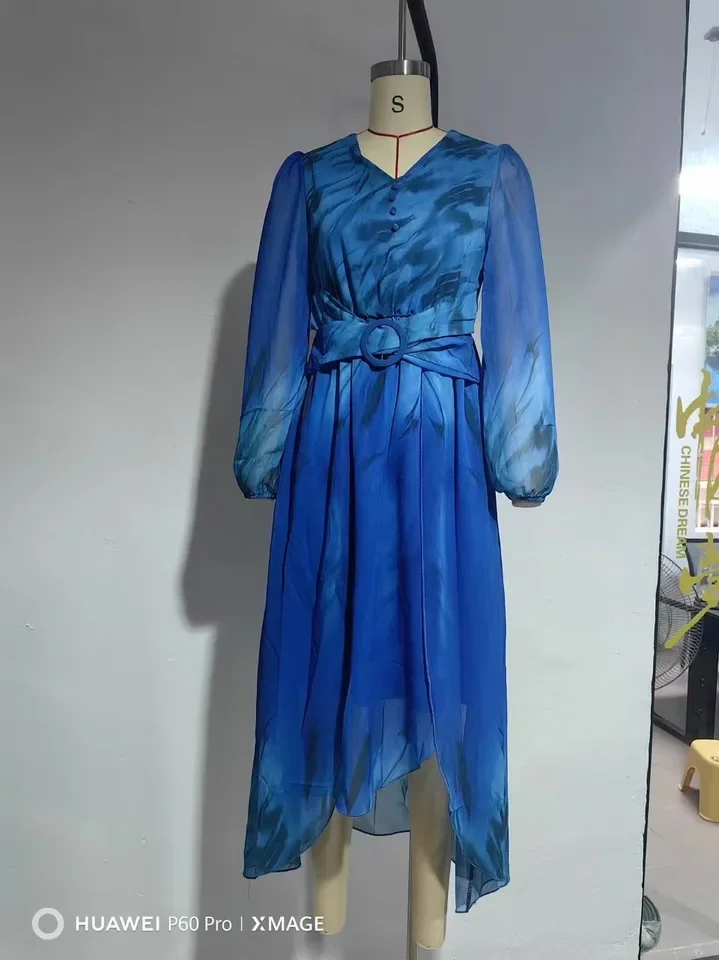 فستان نسائي أنيق متقاطع الخصر للحفلات المسائية أنيق برقبة على شكل حرف V وأكمام طويلة فستان ماكسي شيفون برسومات كلاسيكية فرنسية #6