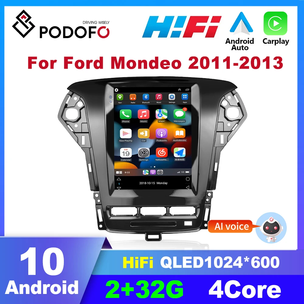 

Podofo 9.7'' Android 2 din car Radio Carplay For Ford Mondeo 2011-2013 Android Auto 2 Din HIFI Bluetooth AI Voice WIFI+4G