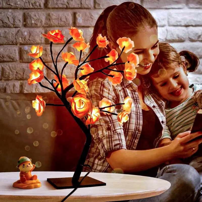 1set LED White Rose Flower Tree Lamp, Night Light USB Rechargeable , For Bedroom Home Party Decoration,  Holiday Gift Light