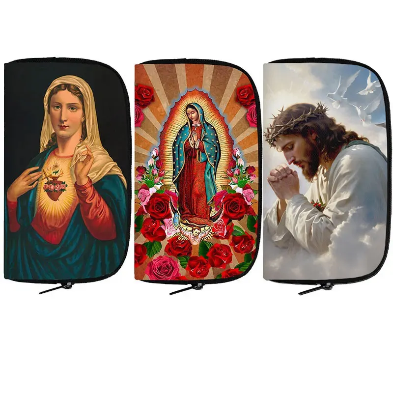 Cartera con estampado de icono de Nuestra Señora de Guadalupe para mujer, monederos de religión María, tarjeta de crédito, auriculares, teléfono, monedero largo