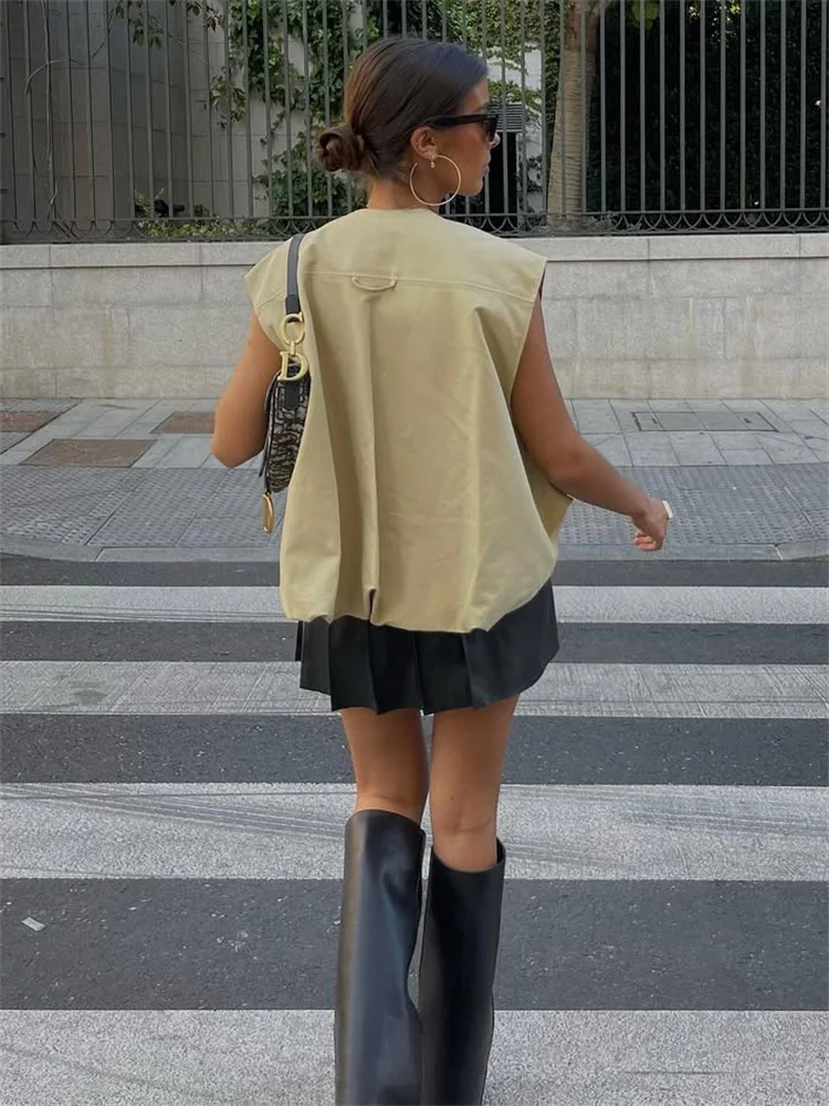 Tossy Fashion Loose Women's Vestidos Coat Sleeveless Zipper Pocket Patchwork Loose Commute Vest Jackets Female Outwear Vestidos