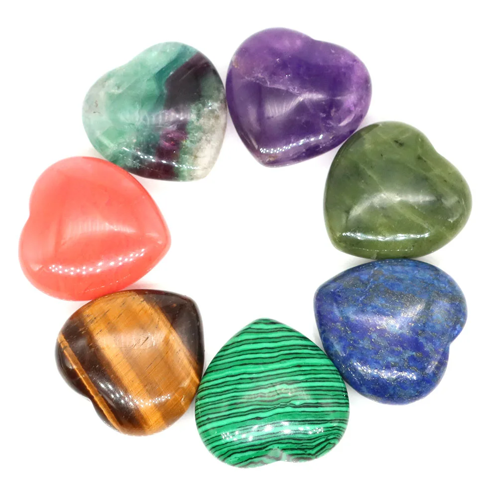 30mm Natural Stone Crystal Heart Shaped Amethyst Rose Quartz 7 Chakras Energy Healing Reiki Carved Love Gemstone Room Home Decor