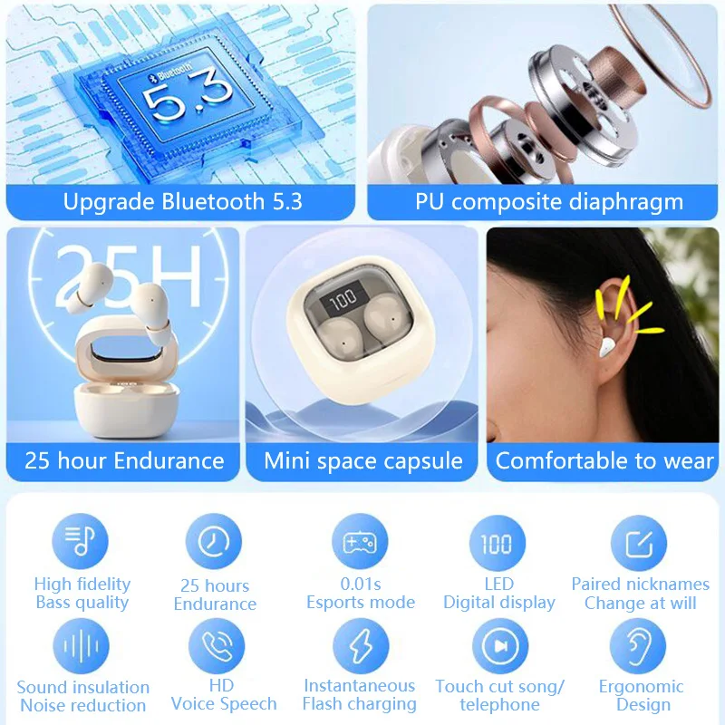 SK Small Headphones Wireless Bluetooth Headset Sports Sleeping Invisible Earbuds Noise Reduction HD Bass Sound Quality Earphones