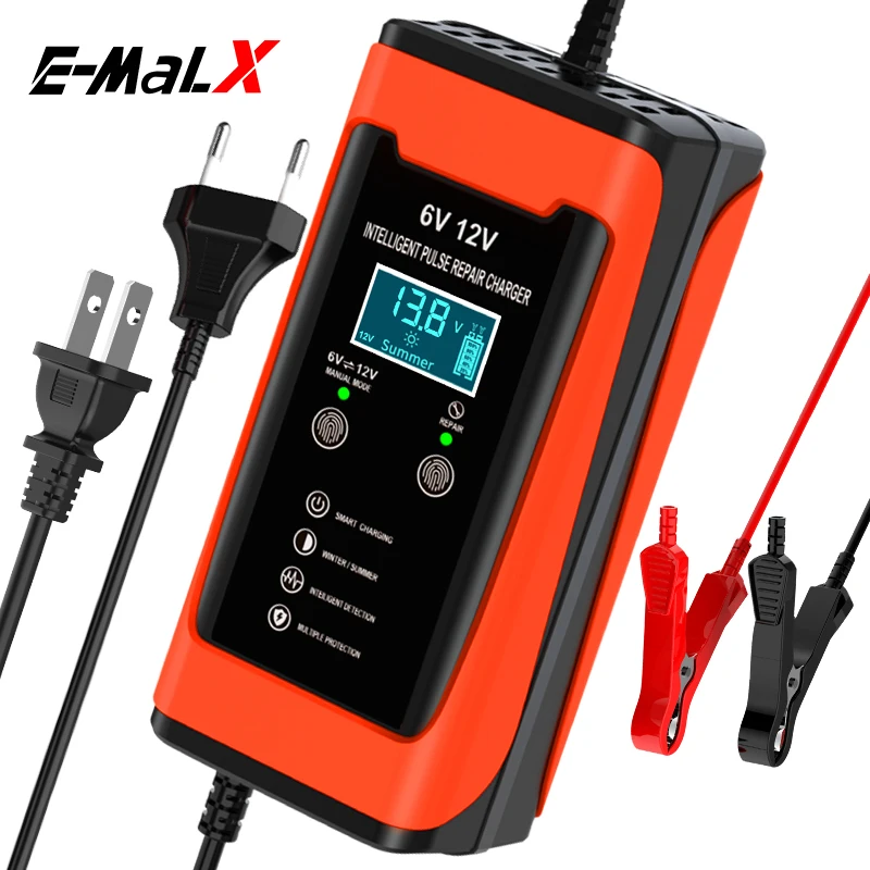 

6V 12V 6A Car Battery Charger Universal Smart Fast Charge Cycle GEL Lead-Acid Charger Auto Motorcycle Pulse Repair LCD Display