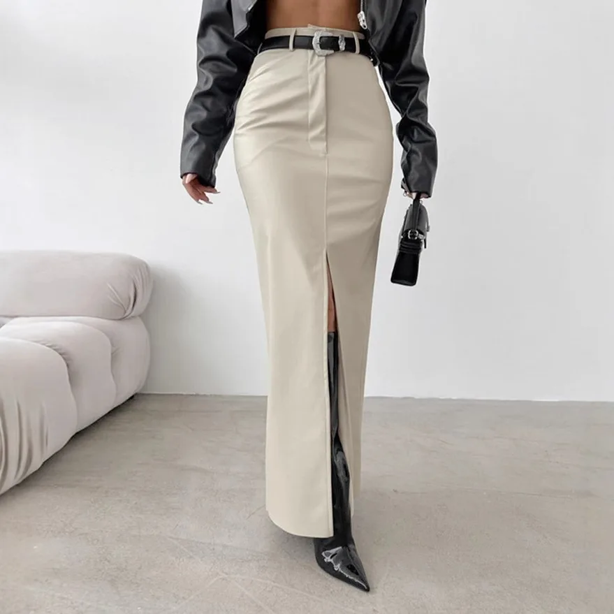 

DSMTRC Spring Fashion PU Leather Haist Waist Maxi Skirts for Women Split Elegant Party Bodycon Dress Femme Street Solid Skirt