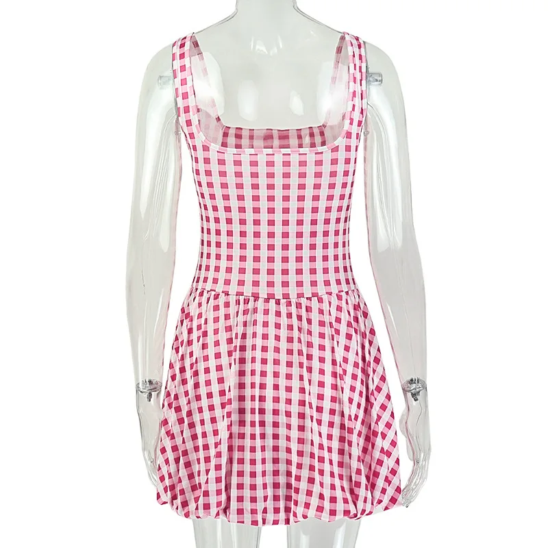 Y2K Elegantes Damen-Minikleid in Rosa mit Gingham-Karomuster, Süßes Sommerkleid mit Quadratischem Ausschnitt, Ärmellos, Kariert, A-Linie, Ausgestellter Saum – Detail 9