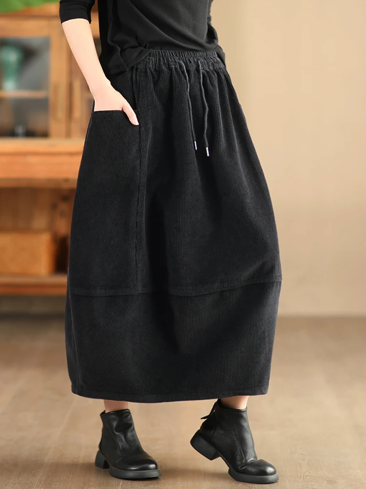 Amax luluE British Fashion Clothes Womens Winter Loose Corduroy Skirts Ladies Leisure Classic Elegant Elastic Waist Streetwear