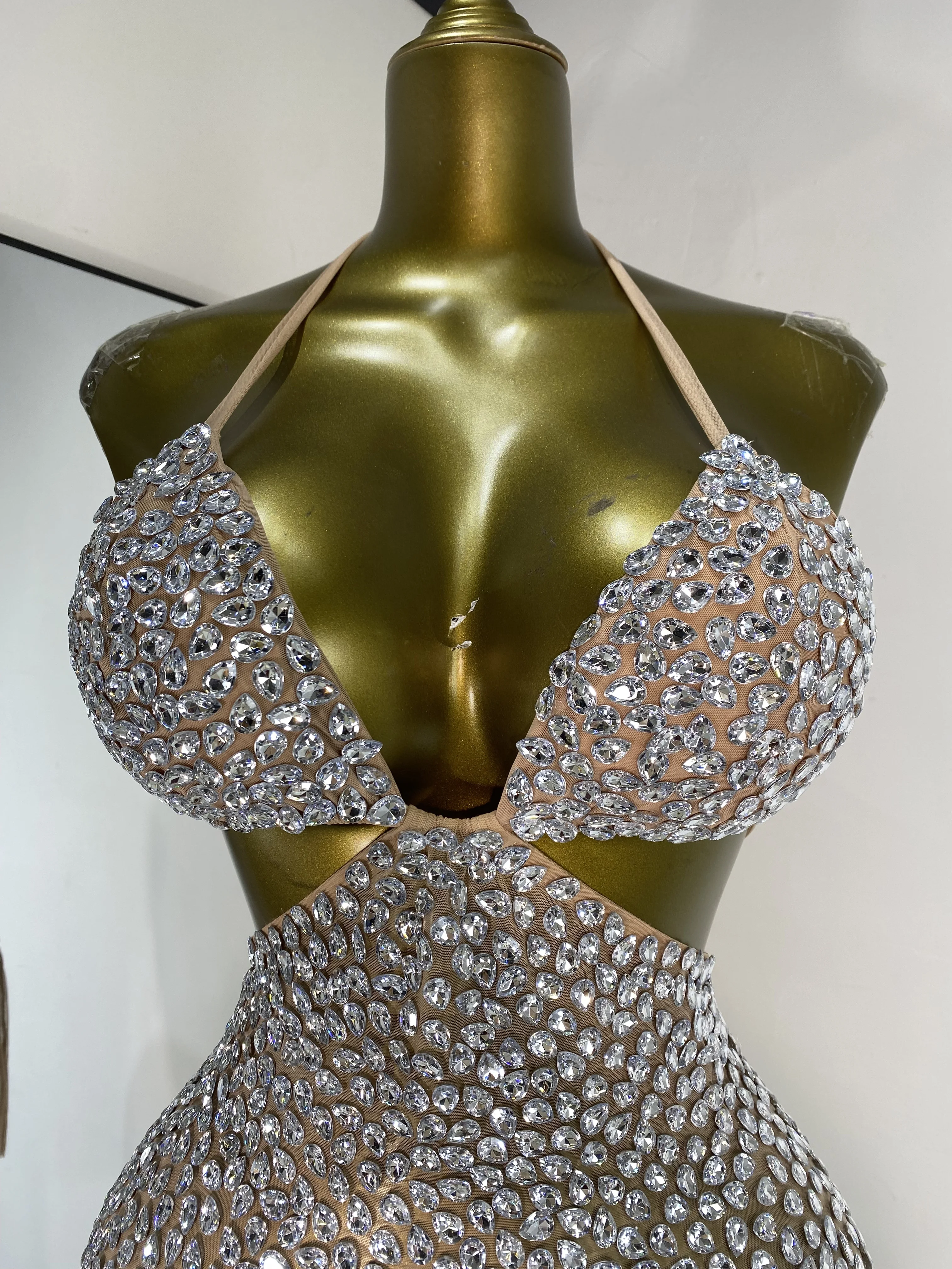 Vestido corpiño de malla con cristales para mujer, minivestido Sexy recortado con espalda descubierta, transparente, para fiesta y Club nocturno, disfraces de escenario