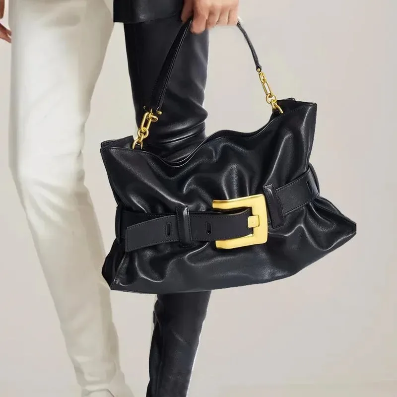 

Fashionable Pleated Tote Bag New Brand Design Belt Buckle Motorcycle Bag Hot Selling Large Capacity Single Shoulder Underarm Bag