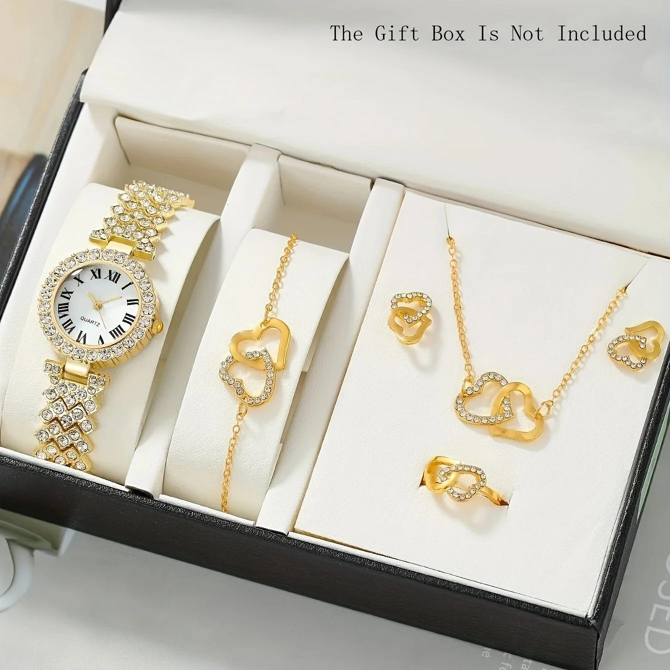 1pc Rhinestone Decor Quartz Watch Elegant Round Pointer Analog Electronic Watch & 5pcs Jewelry Set, Gift For Mom/Girlfriend