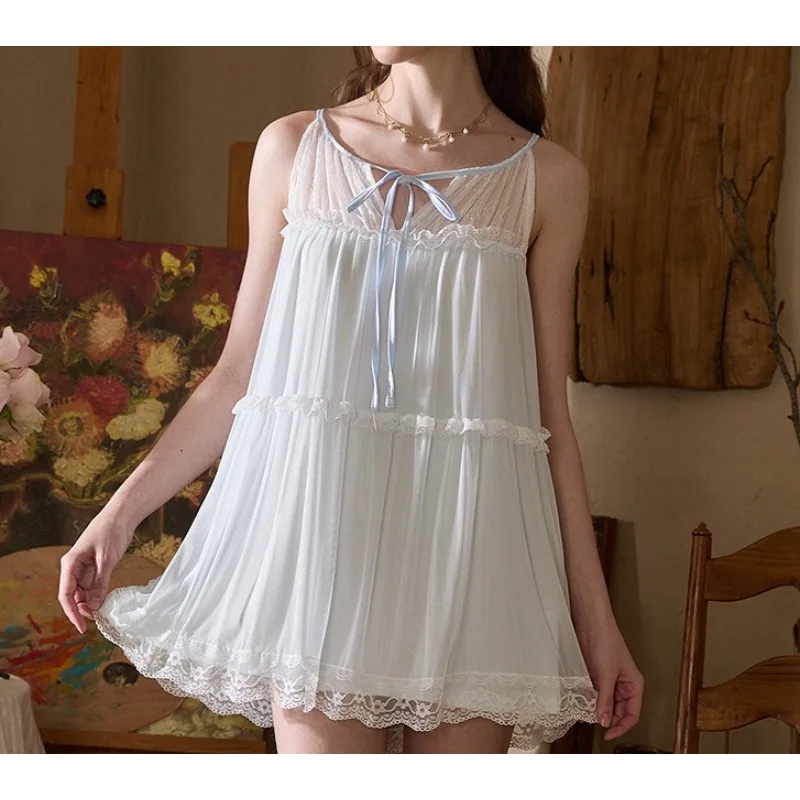 Summer Court Pure Desire Wind Loose A-shaped Version Suspender Nightdress Hanging Neck Strap Lace Girl Modal Pajamas Mesh Yarn