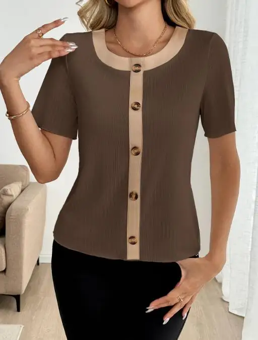 

Summer New Casual Loose and Simple Round Neck Color Blocked Button Decoration Versatile Women's Knitted Short Sleeved T-Shirt