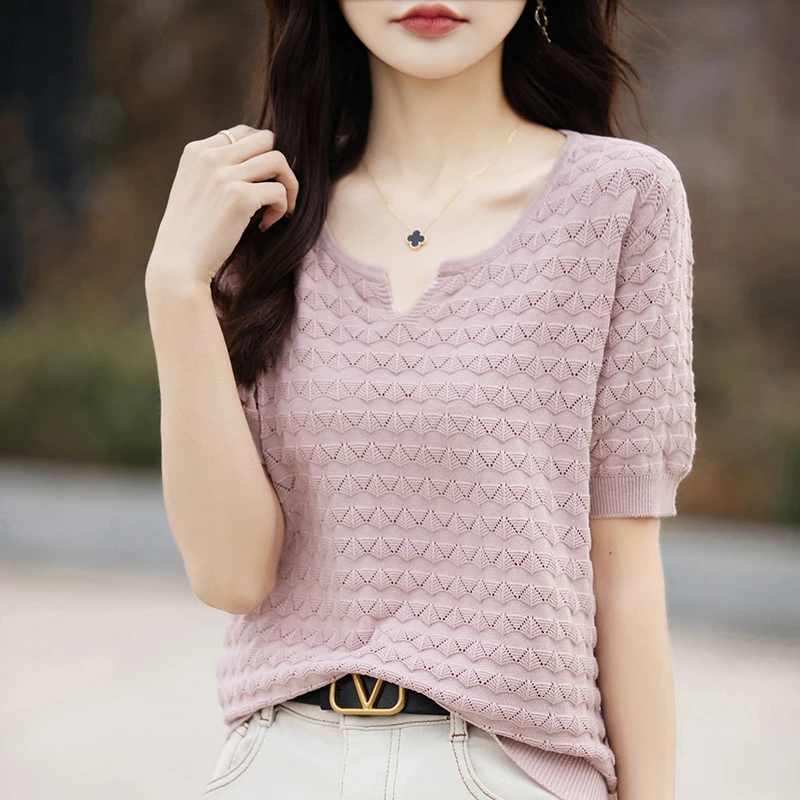 Women's T-shirt Spring/Summer 100% Cotton Sweater Short Sleeve Casual Loose Knitwear Ladies Tops V Neck Blouse Pullover Hollow