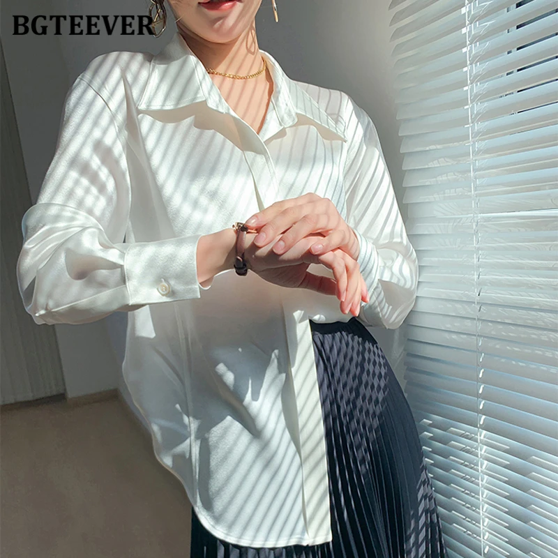 BGTEEVER Autumn Satin Shirts for Women Single-breasted Loose Blouses Female Turn-down Collar Full Sleeve Ladies Shirts Elegant