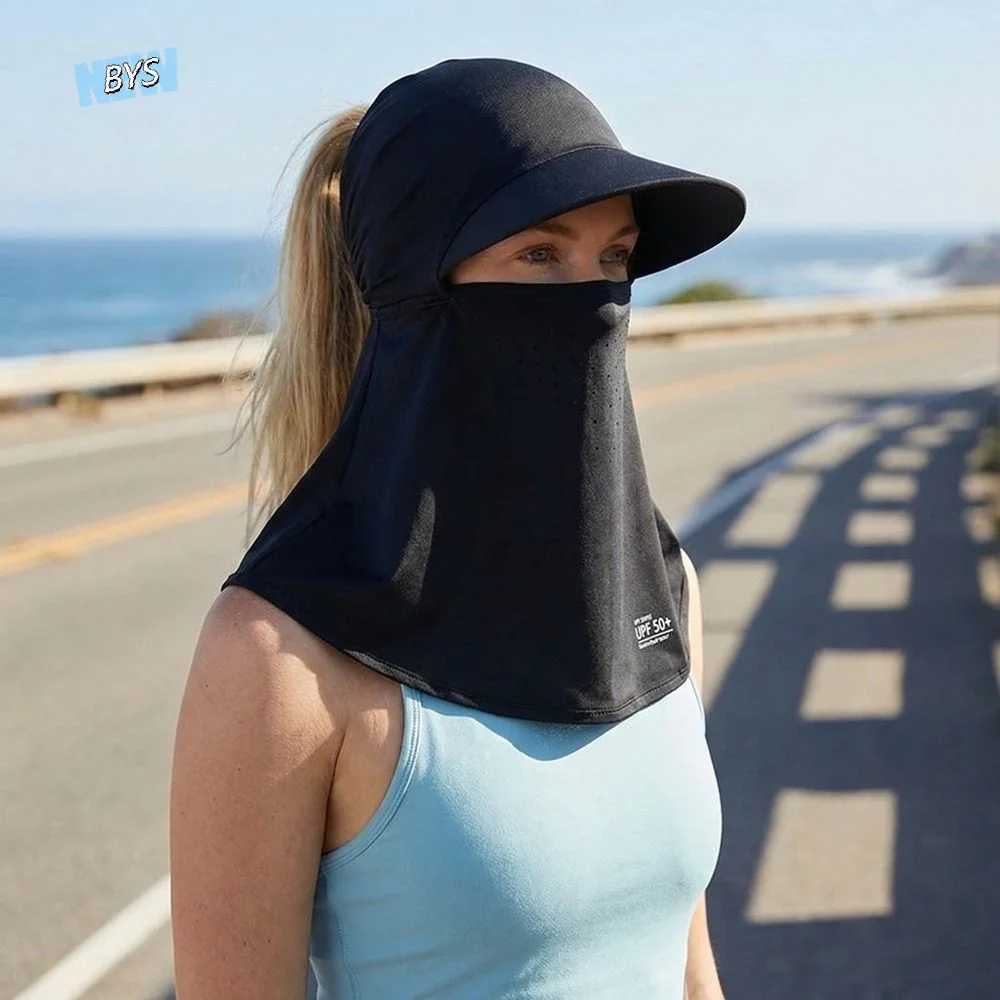 

Ice-Silk Full-Face UV Protection Hood Integrated Moisture Absorbing All-in-One Sun Hat Solid Color Neck Scarf