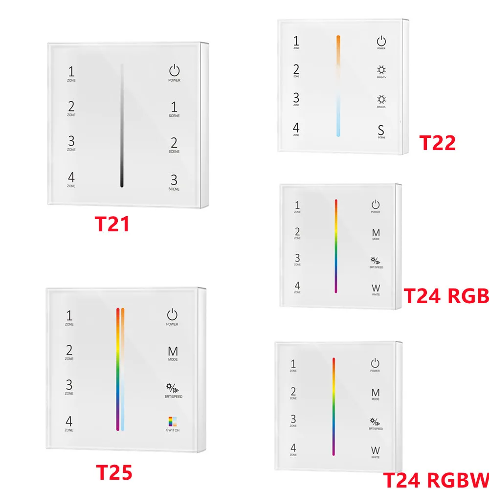 

4-зонная стеклянная Сенсорная панель T21 T22 T24 T25 2,4G RF, беспроводной Радиочастотный пульт дистанционного управления 1-5 цветов, фотоконтроллер для цветов/RGB/RGBW, фотополоса