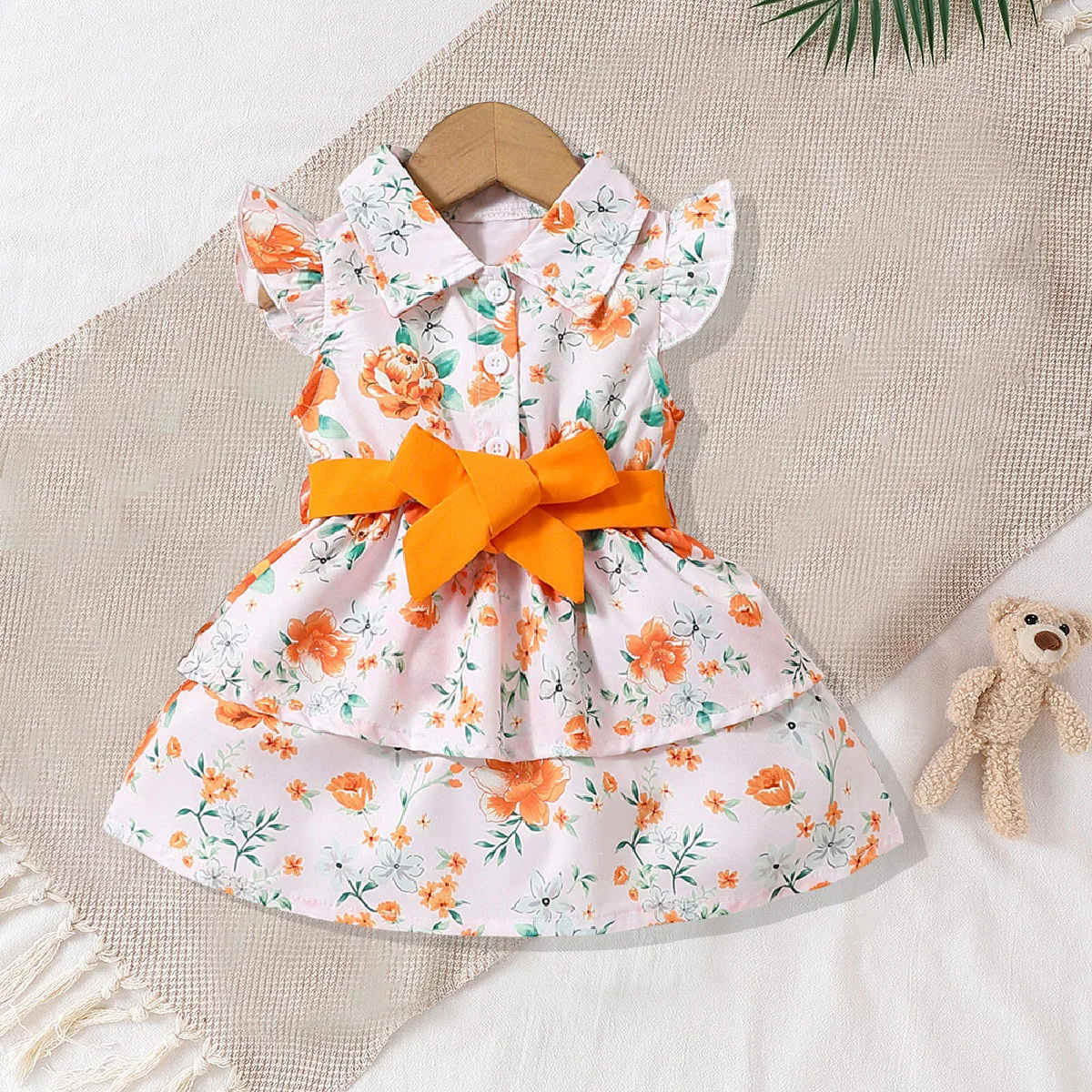 

Baby girl flower green leaf print cute orange fly sleeve lapel dress with belt