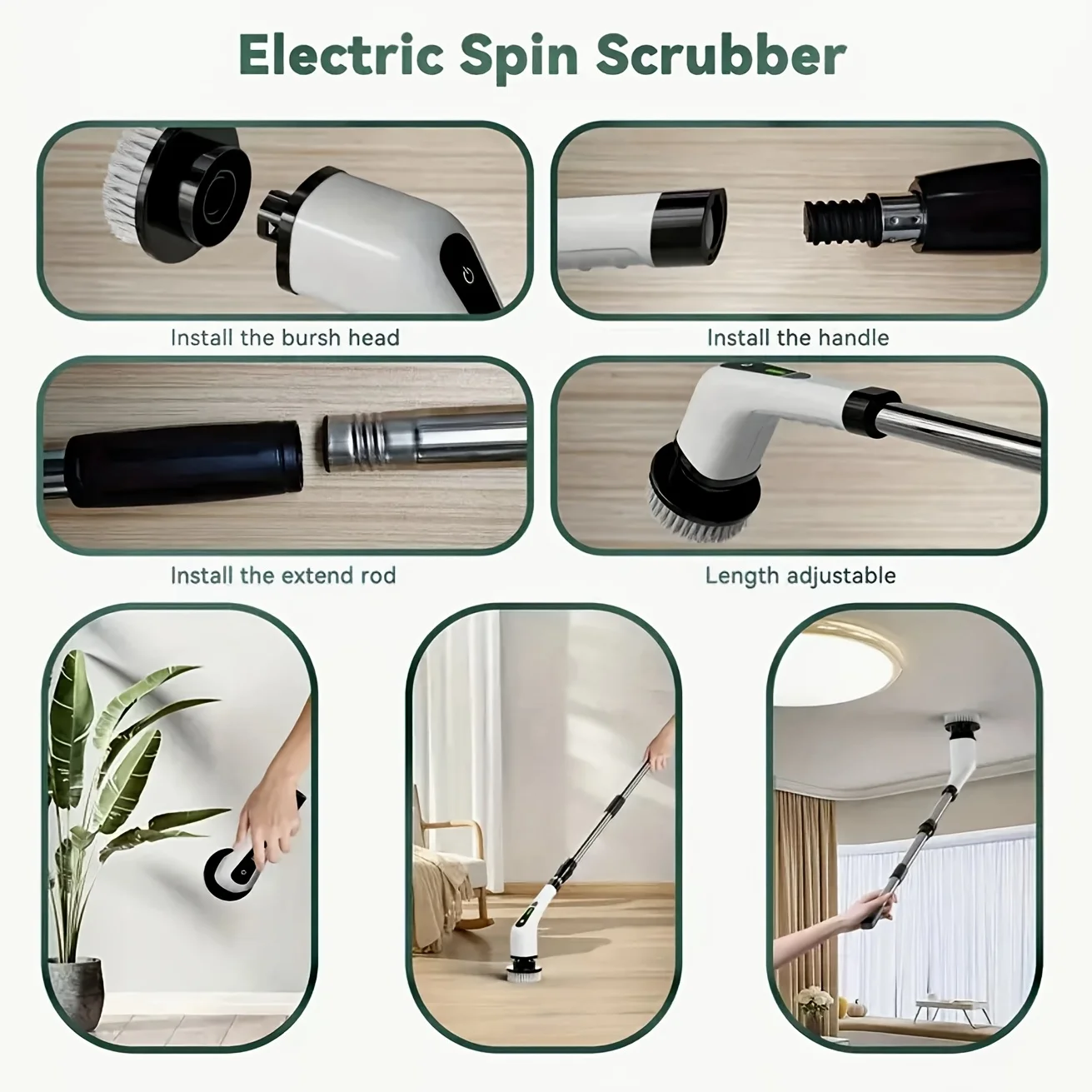 9-in-1 USB Rechargeable Electric Cleaning Brush Telescopic Handle 8 Brush Heads Multi-Surface Cleaner for Home Car