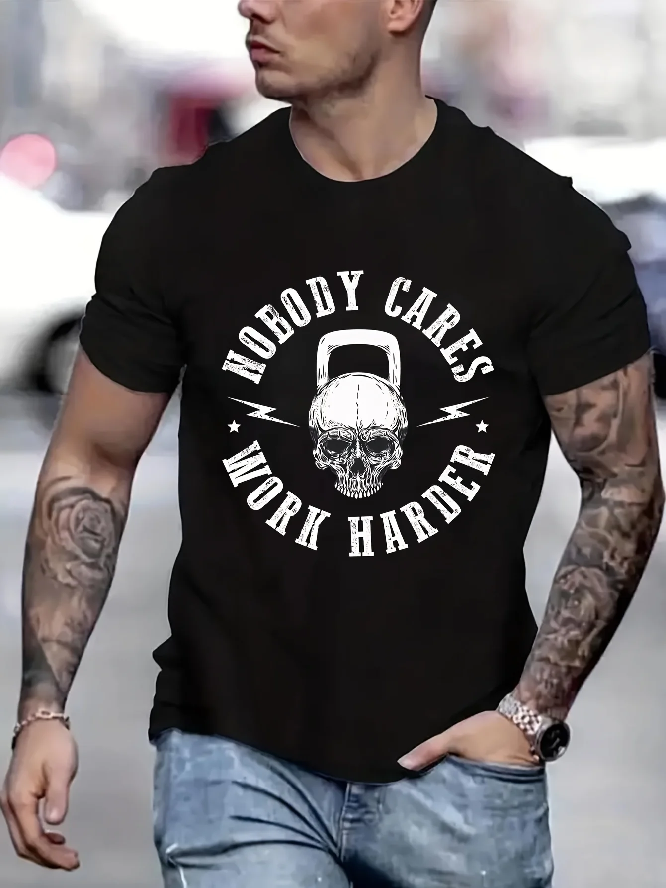 Nobody Cares Work Harder Skull Kettlebell Fit Workout Gym Top Anime Men T shirt Printed T-Shirt B5023519