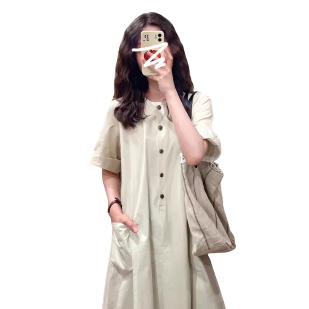 Summer New Women's Artistic Vintage Japanese Style Long Dress Loose Casual Slimming Short Sleeve Dress Small Size Lazy Style