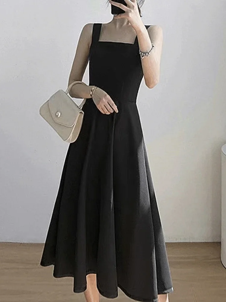 Casual Elegant Midi Strap Dress Women Black Sexy Sleeveless Slim Korean Dress Female 2024 Autumn Fashion Evening Party Dress Y2k