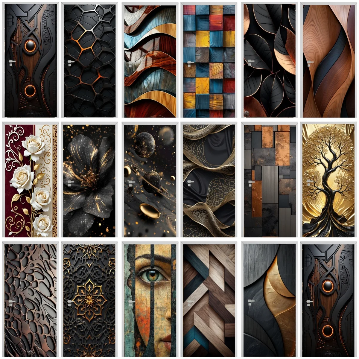 Black Art Mural Wood Texture Flower Star Waterproof Self-Adhesive Wallpaper Stickers for Door Bedroom Living Room Cabinets Decor