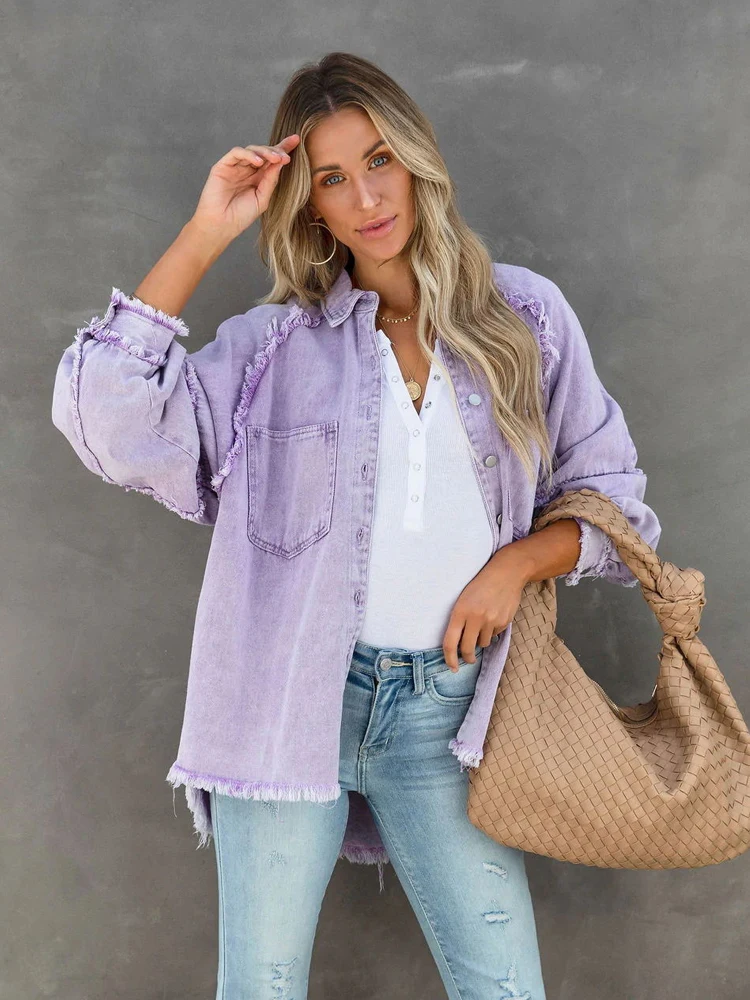 Fashion Loose Turn-down Collar Denim Jacket Coat 2023 Women Casual Denim Jacket Long Sleeve Tassel Solid washed Tops A1889