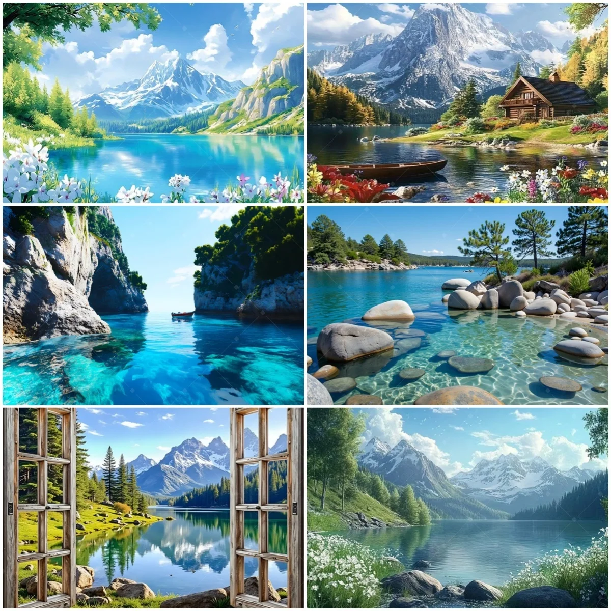 

Forest Lake View Nature Backdrop Window Serene Landscape Decor Party Home Supplies Lush green Photography Background Studio Prop