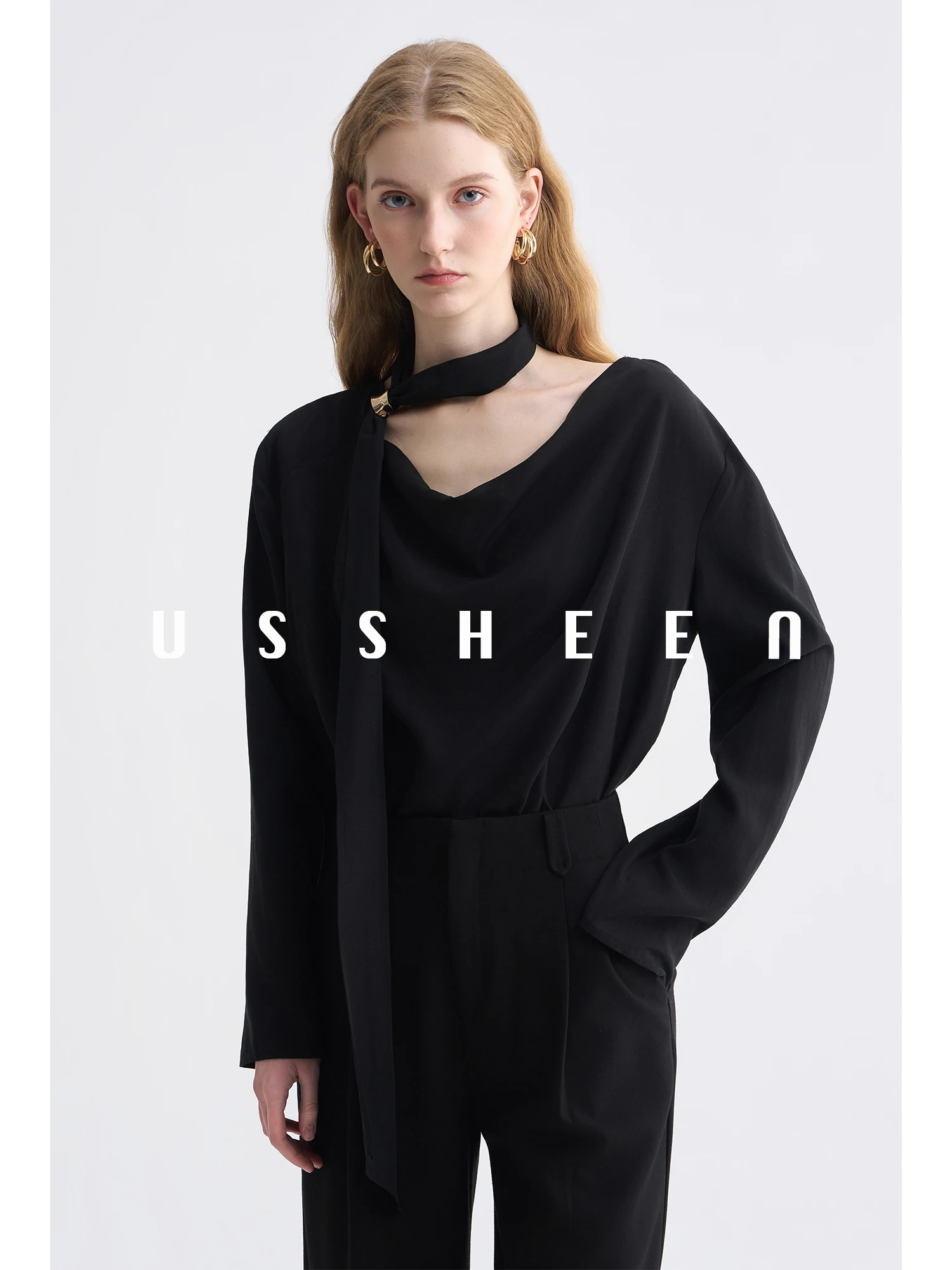 

Оригинальная асимметричная женская блузка USEEN для офиса, с асимметричным вырезом, премиум-класса, с длинными рукавами, из жесткого волокна