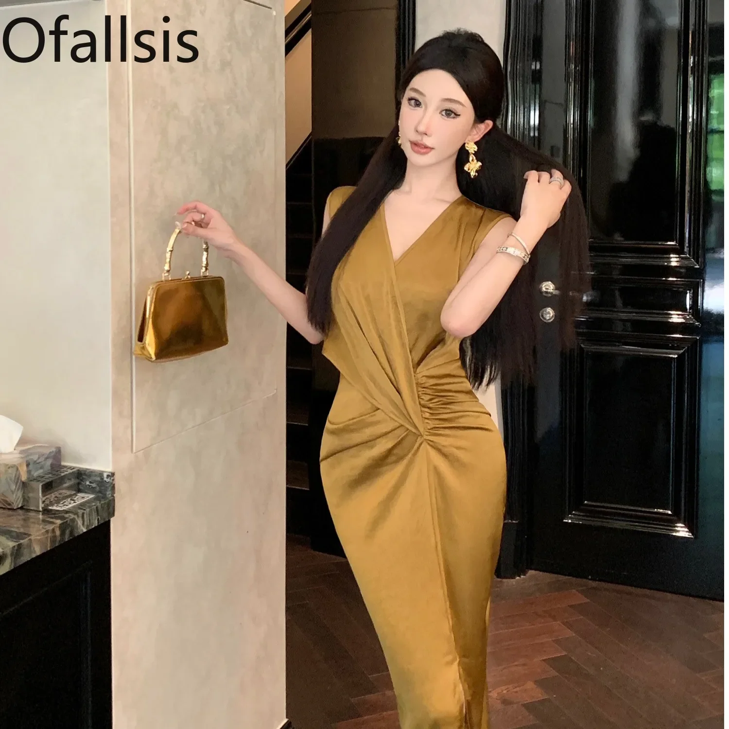 Ofallsis Formal Occasion Temperament Dress 2024 Summer New Unique Chic High end Evening Imperial Style Satin Dresses Female