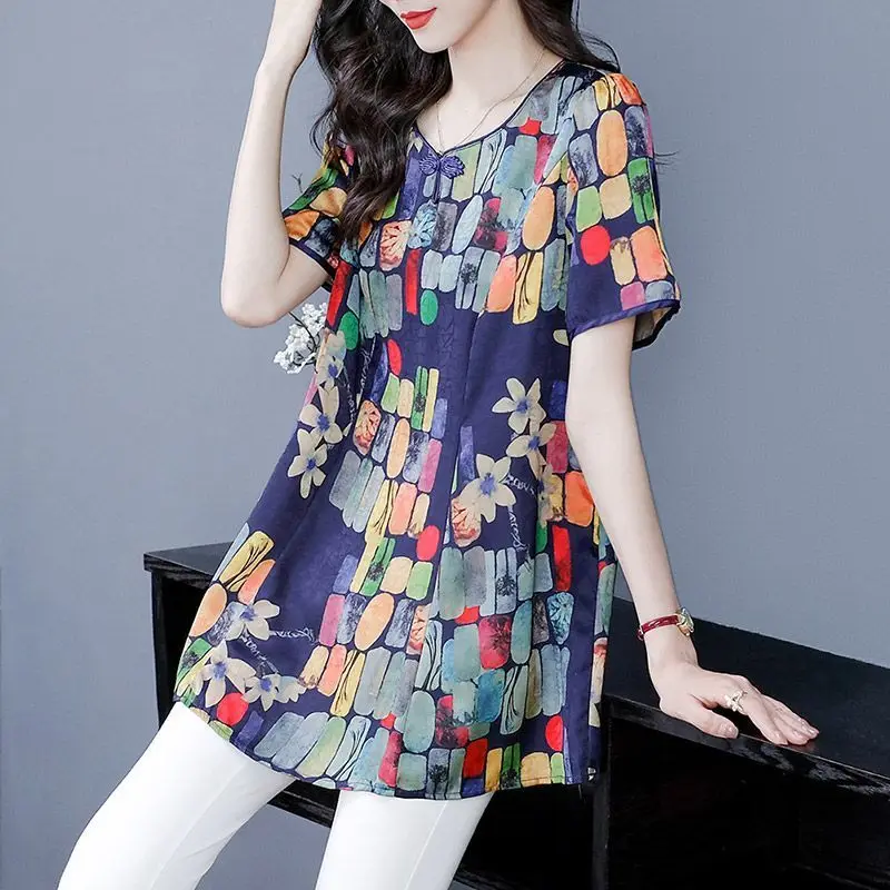 2023 New Summer Elegant Retro Art Round Neck Panel Buckle Ethnic Style Casual Loose Versatile Oversize Mid Length Shirt