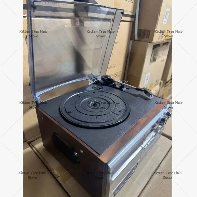Vintage Multi-function Turntable Record Player, 3-Speed Phonograph with Built-in AM FM Radio, CD Player & Cassette Tape Deck