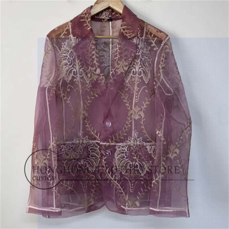 

A high-quality, layered designer casual jacket in a rose-beige court-embroidered see-through organza for men