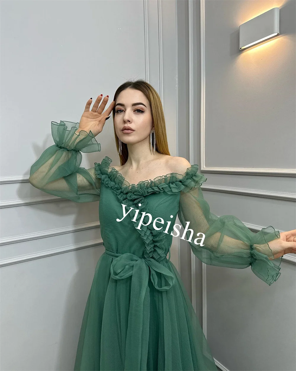 Customized  Net Ruffle Engagement A-line Off-the-shoulder Bespoke Occasion Gown Long Dresses Saudi Arabia  