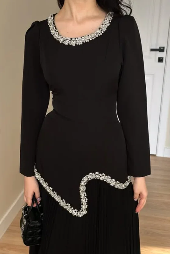 Di alta Qualità Personalizzato Lunghezza Caviglia Piega In Rilievo Maniche Lunghe Nero Vestido De Festa De Casamento Пла coi coi rezorsi®dheтиль Donne