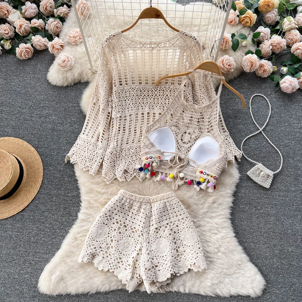 Three Piece Sets Pajamas for Women Hollow Out Cardigan Halter Camisole Wide Leg Shorts Vacation Knitted Home Suits Beach Style