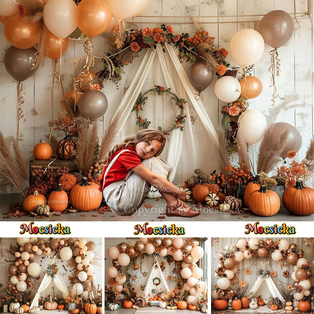 

Autumn Photography Background Balloon Pumpkin Tent Balloon Decor Kids Birthday Party Backdrop Fall Family Portrait Photozone
