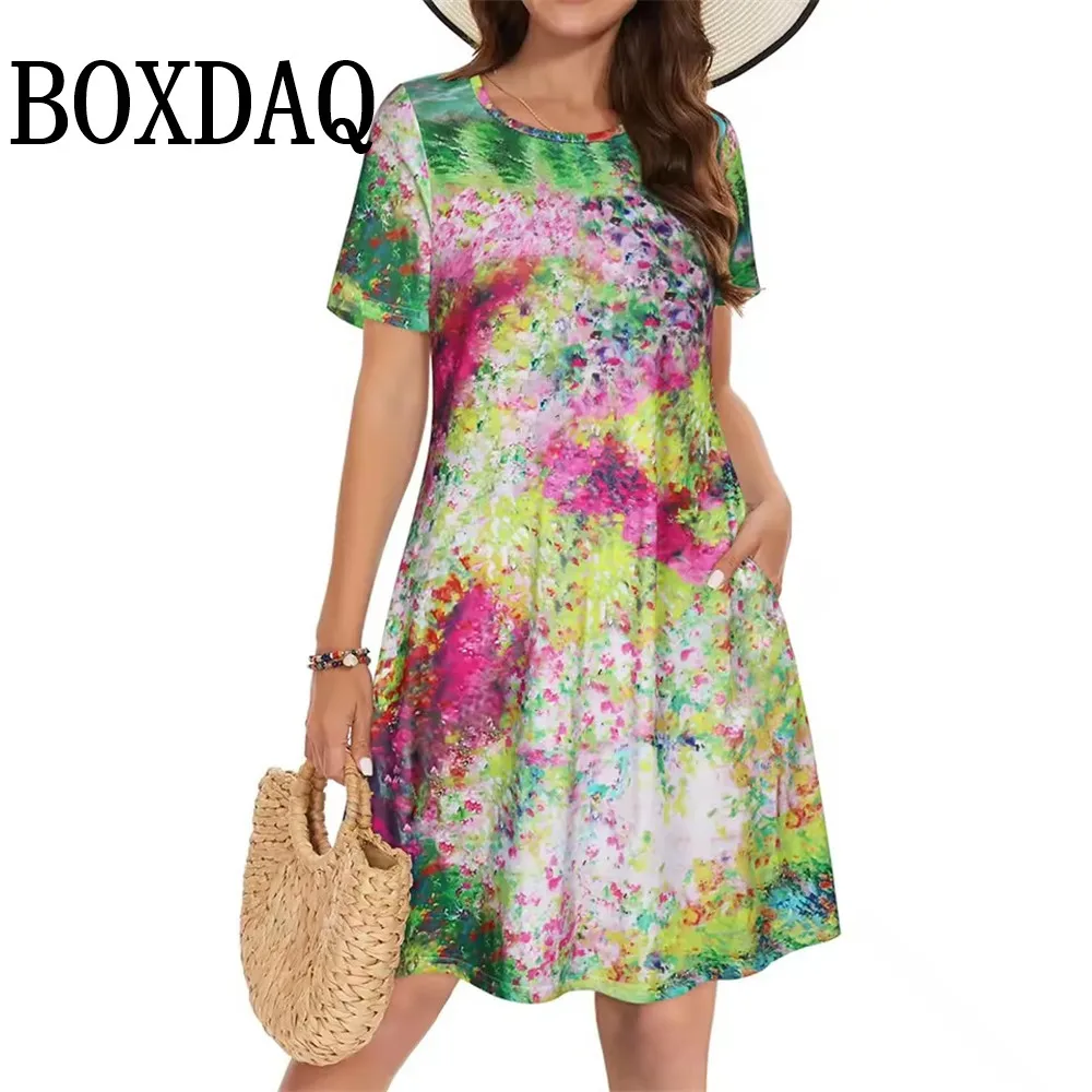 Novo vestido verde floral estampado 2025 verão manga curta vestido de praia casual moda roupas femininas plus size vestidos femininos soltos
