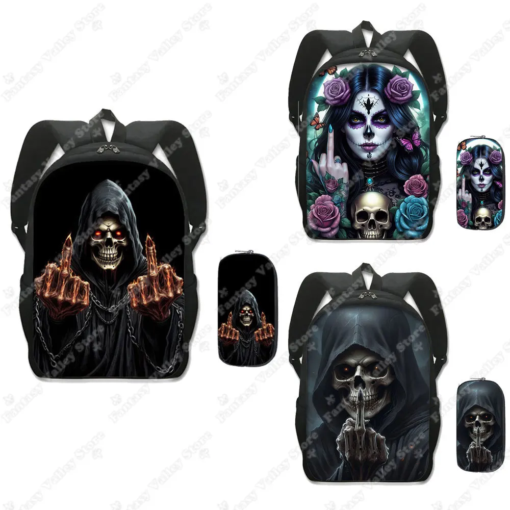 

2 шт./компл. забавный рюкзак с рисунком среднего пальца Grim Reaper и сумка-карандаш, школьная сумка, рюкзак, сумка для книг