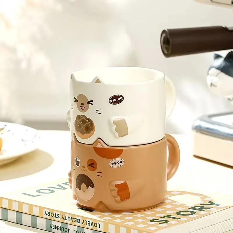 Cartoon Cat Ceramic Mug - Stacked Water Cup With Cat's Ear Design And Handle, Interesting Household Drinkware