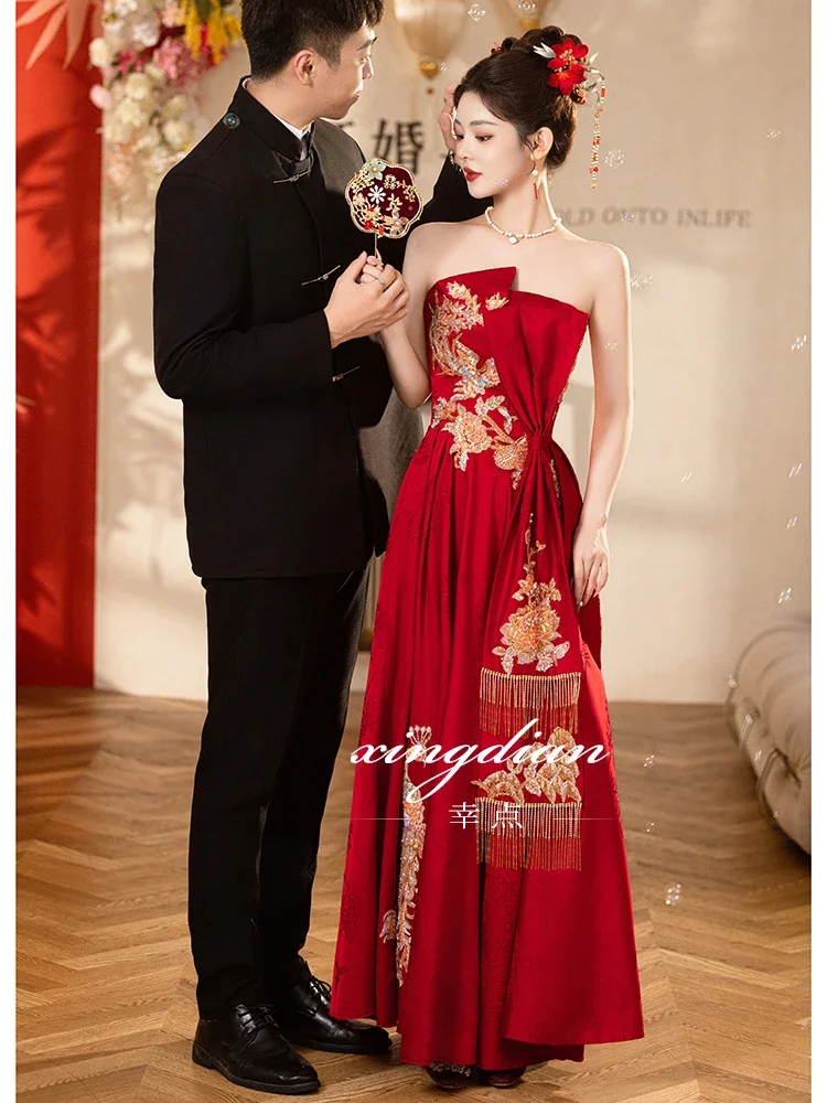 

Toast Bridal morning gown Wedding red tube top New Chinese wedding clothes National style wedding clothes Engagement dress skirt