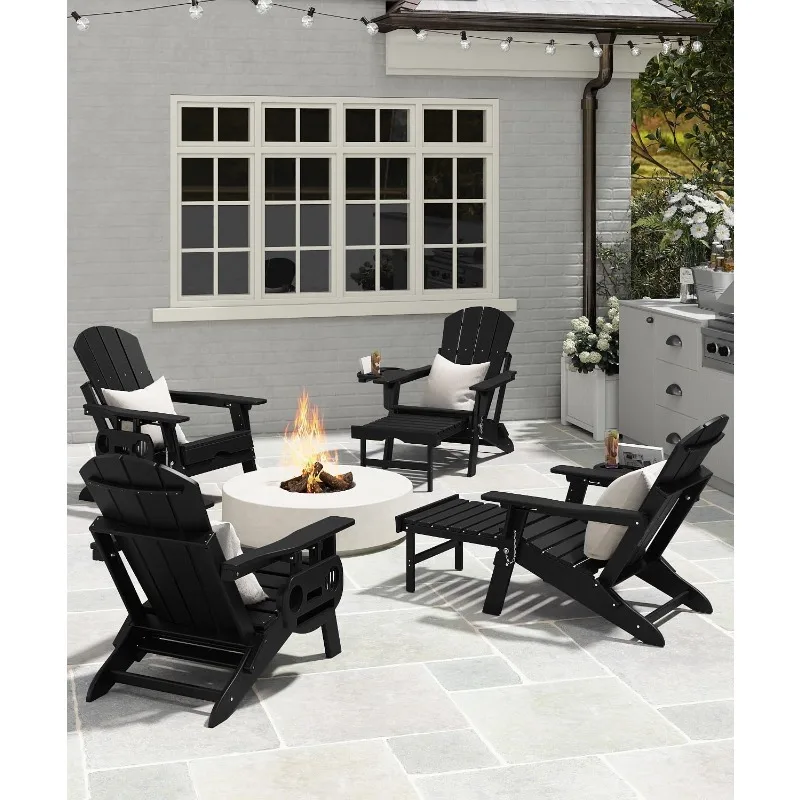 كرسي آديرونداك قابل للتعديل مع مسند قابل للسحب، كرسي آديرونداك قابل للطي عالي الدقة مع حامل أكواب، مناسب لجميع الأحوال الجوية