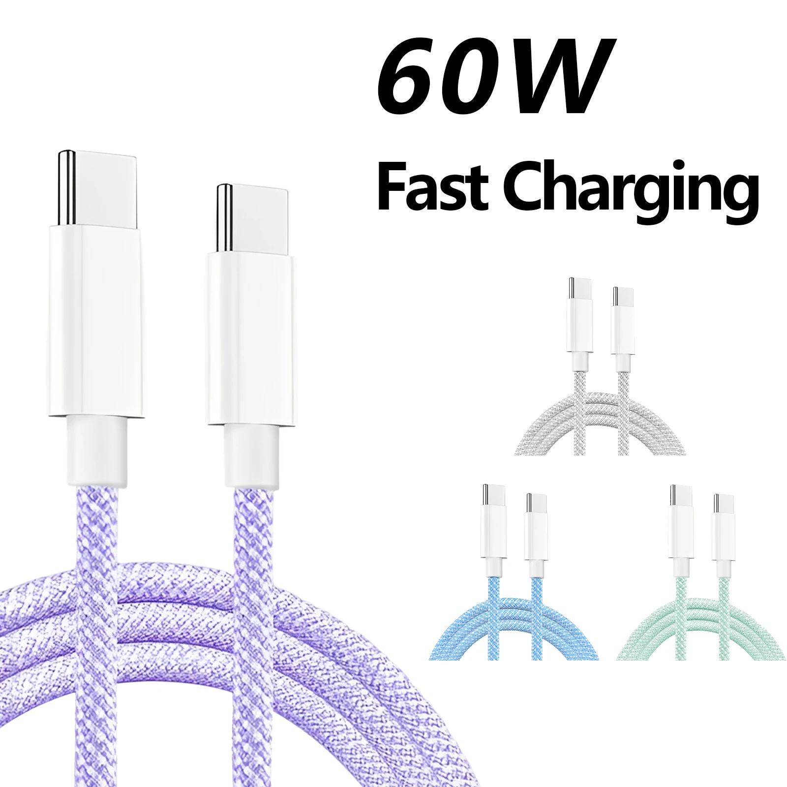 60W Type C To Type C Charging Cable Fast Charging Data Cable Nylon Braided Cable For iPhone 16 15 Huawei Xiaomi Samsung