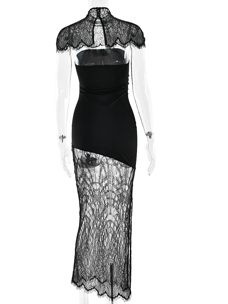 ชุดเดรสยาวสีดำซีทรูผ่าข้างประดับลูกไม้คลุมไหล่แบบโปร่งลายฉลุสไตล์บอดี้คอน